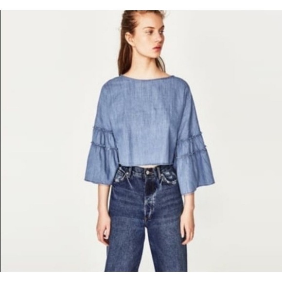 Zara Tops - Zara Trafaluc Denim Wear Jean M Crop Top with Bell Sleeves